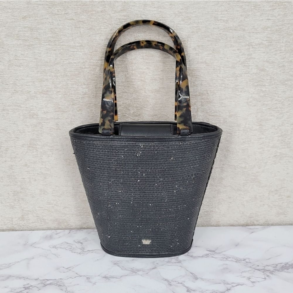 Elaine Turner Designs Black Straw Raffia Trapezoid Bucket Bag Y2K
